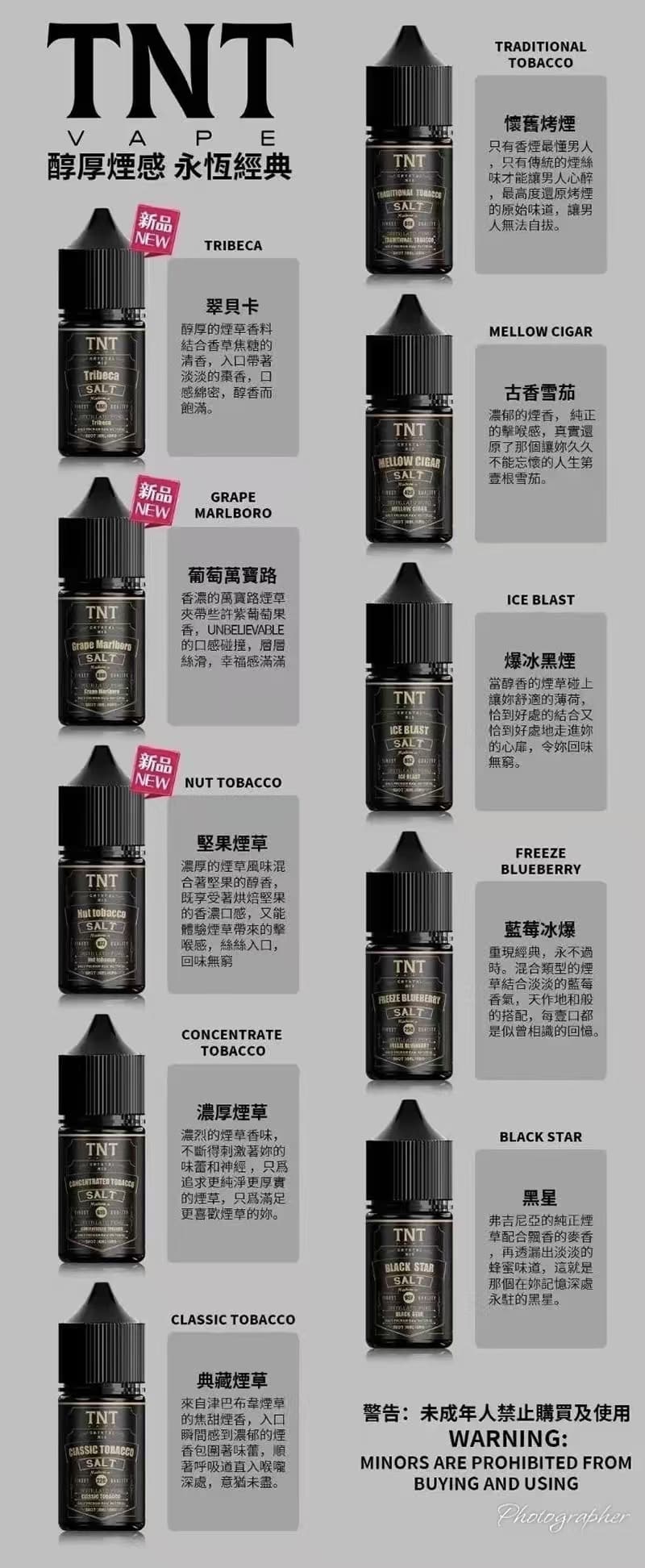 【11種口味】TNT電子煙小菸煙油 經典菸草系列 30ml/瓶裝